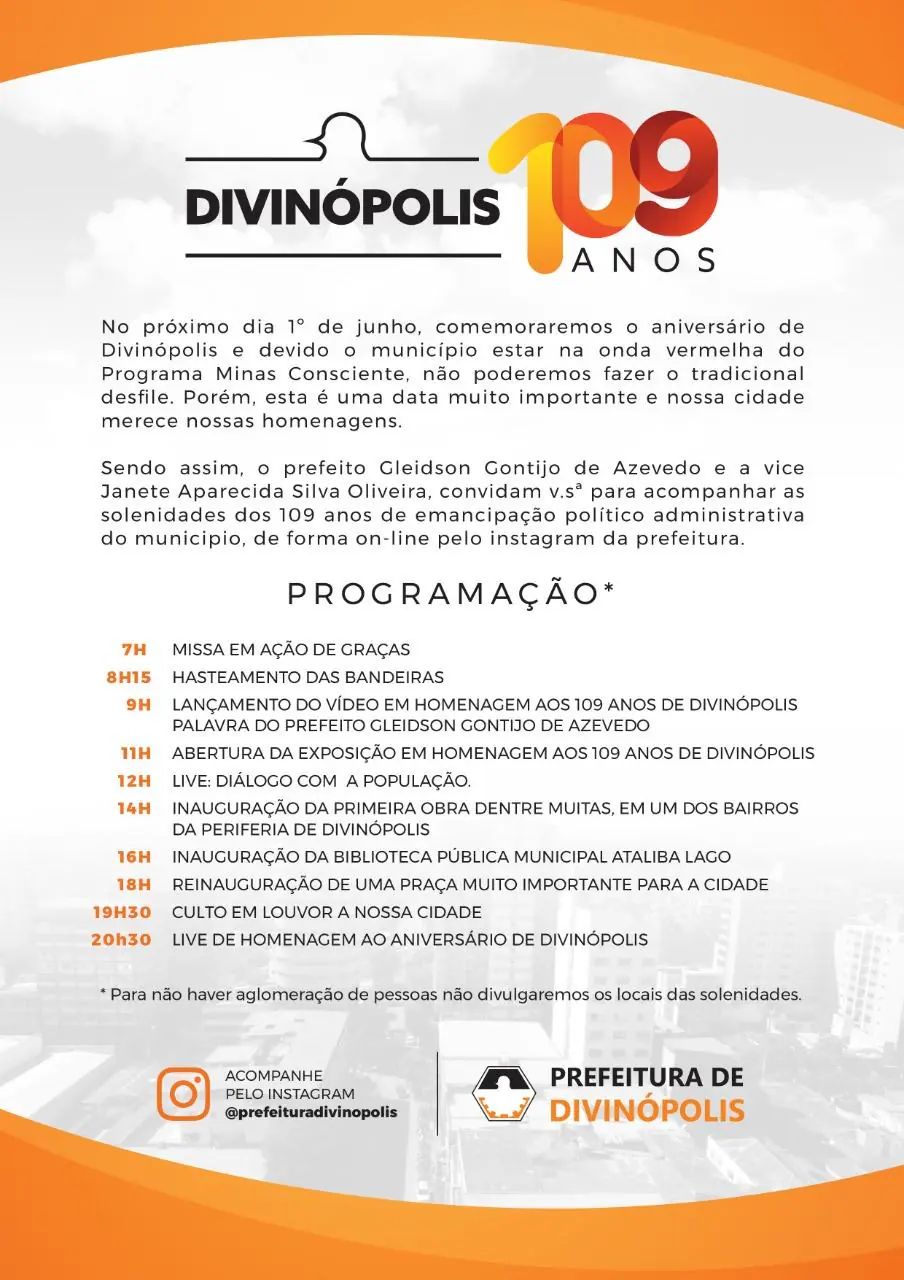 Prefeitura de Divinópolis anuncia programação de aniversário da cidade