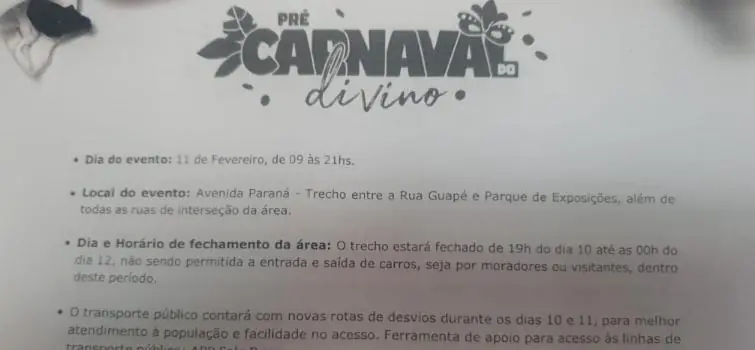 Pré-carnaval do Divino: moradores recebem carta alertando sobre proibição do trânsito de veículos na avenida Paraná